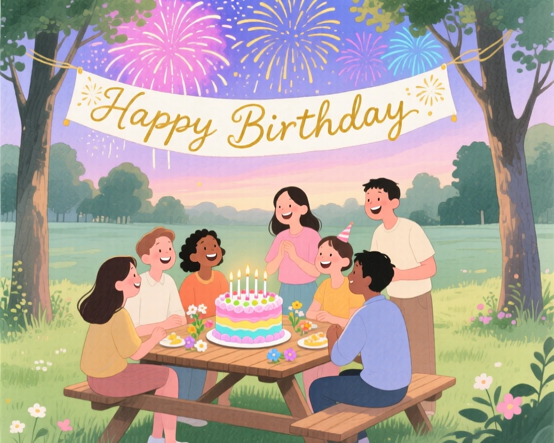 A joyful scene of a birthday party in the garden, beneath a sky full of fireworks, capturing the warmth of the celebration