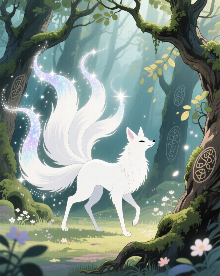 A snow-white kitsune with nine tails leaving a trail of sparkling stardust as it moves, in an ancient magical grove, evoking awe and quiet enchantment.