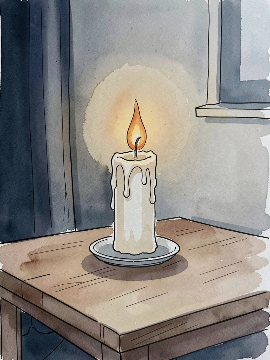 A single candle flame glowing steadily in a darkened room, a quiet sense of hope and possibility filling the scene.
