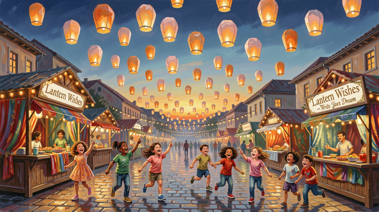 At dusk, as lights begin to twinkle on, a lantern festival filling the night sky with floating light, in a town square filled with festive stalls, children laughing and chasing floating lanterns.