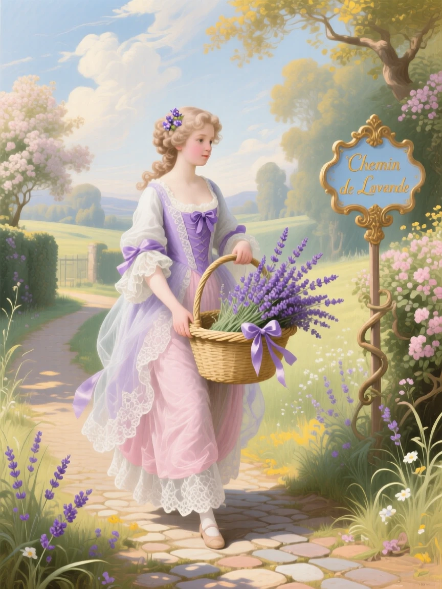 A girl carrying a basket of lavender through a country lane  