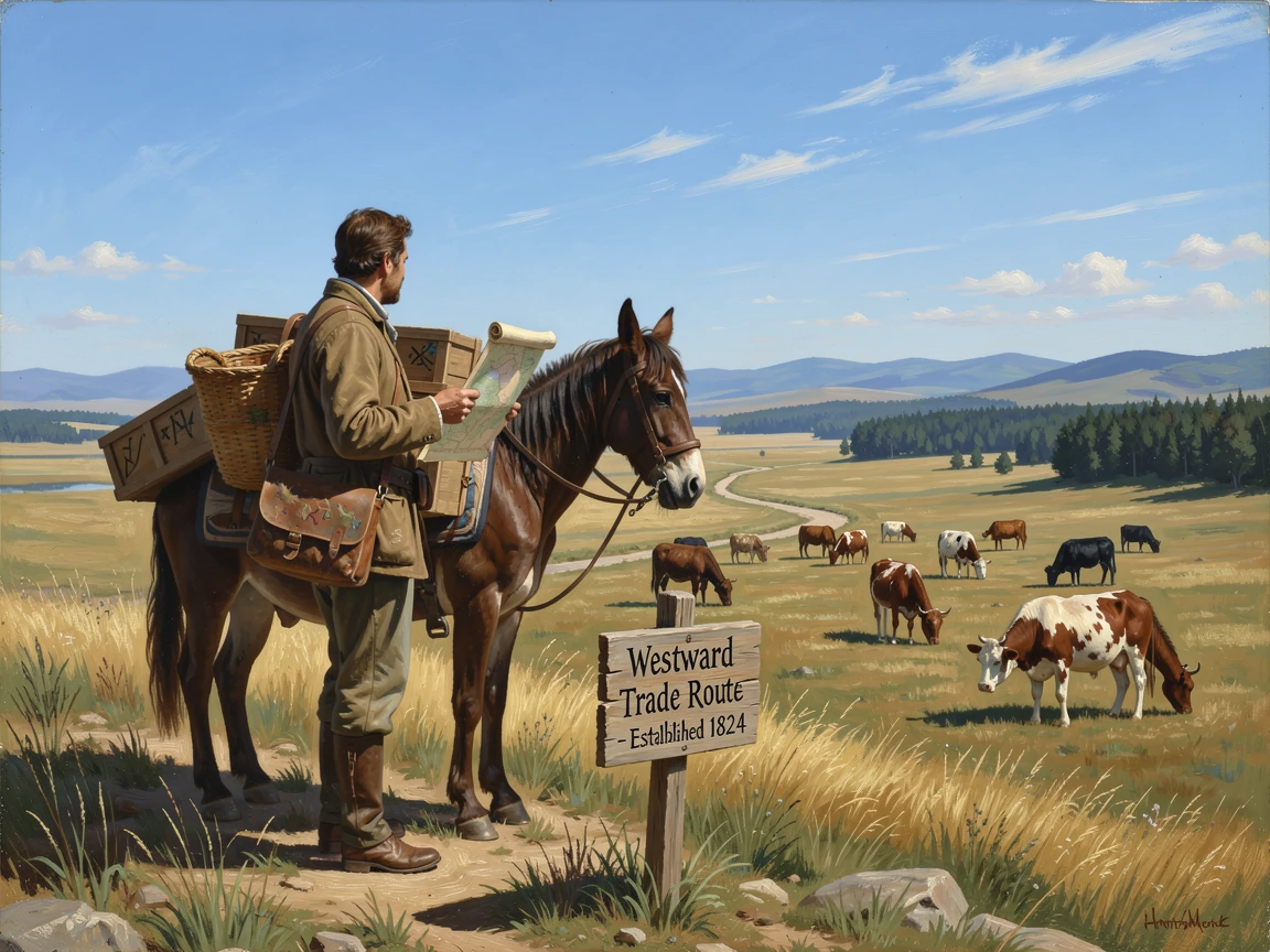 A merchant and his mule gazes across a wide plain dotted with grazing cattle under a clear midday sun.