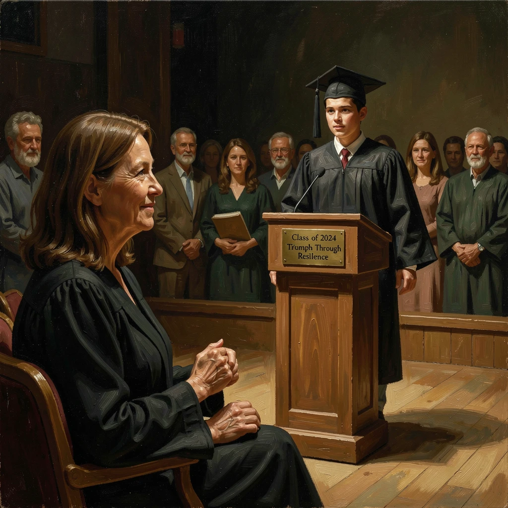 A mother watching proudly as her once-struggling child walks confidently across a graduation stage, with emotion and triumph radiating clearly from every face, capturing a powerful moment of hope, resilience, and human triumph
