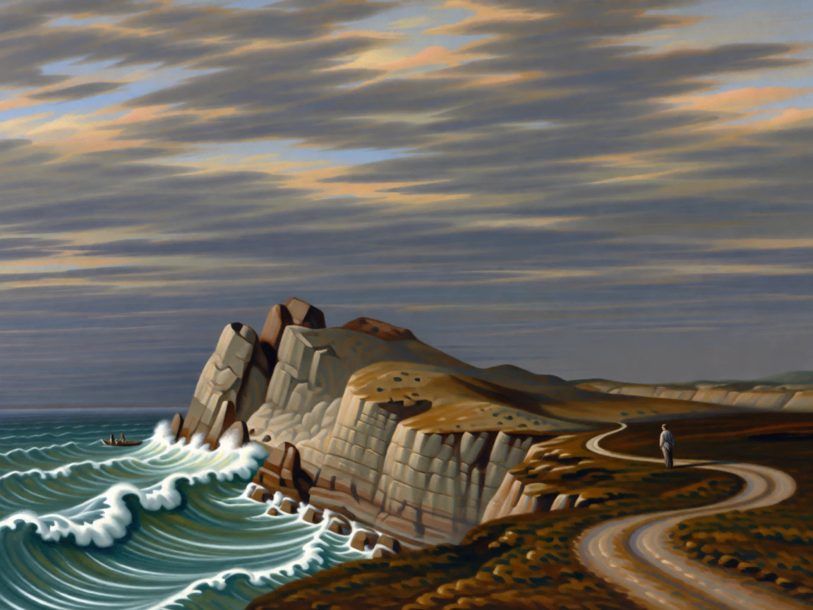 A coastal cliff overlooking crashing waves beneath a stormy sky alive with the quiet motion of wind and water, set within reach of a winding country path, with a distant figure or small boat lending quiet scale to the vastness; a low horizon line gives dramatic weight to an expansive sky, suggesting harmony between the natural world and the soul.