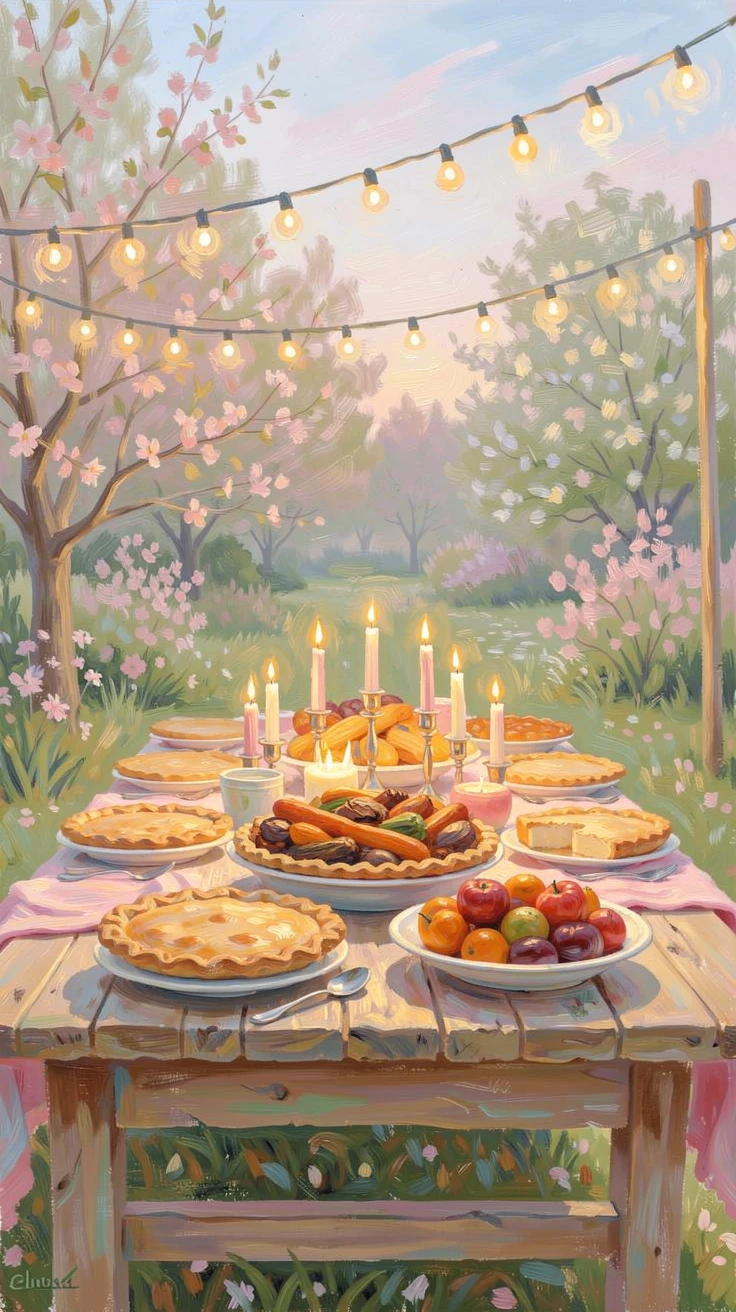 A festive harvest table spread beneath string lights, laden with pies, roasted vegetables, and candles, in early spring, conveying a feeling of romance and tranquility.