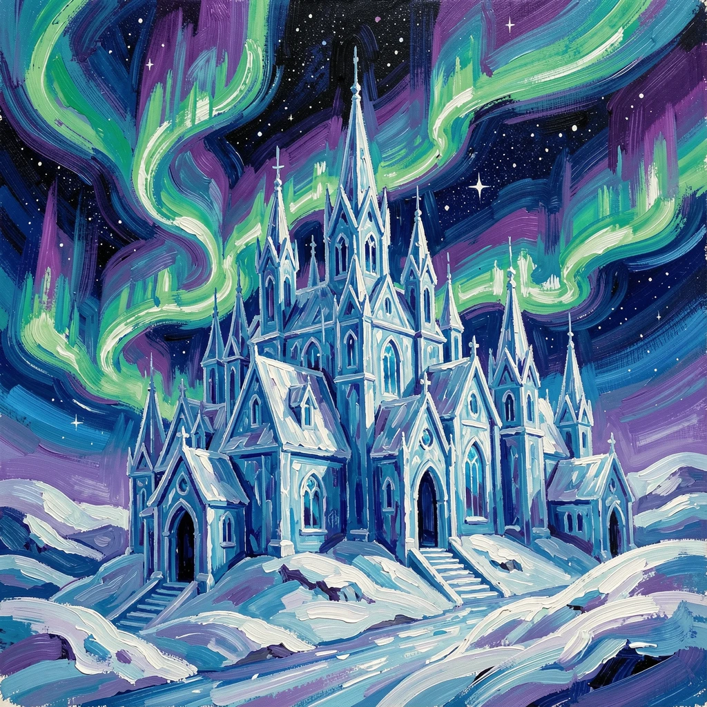 A snow queen's palace built entirely of ice, glowing blue beneath the northern lights.