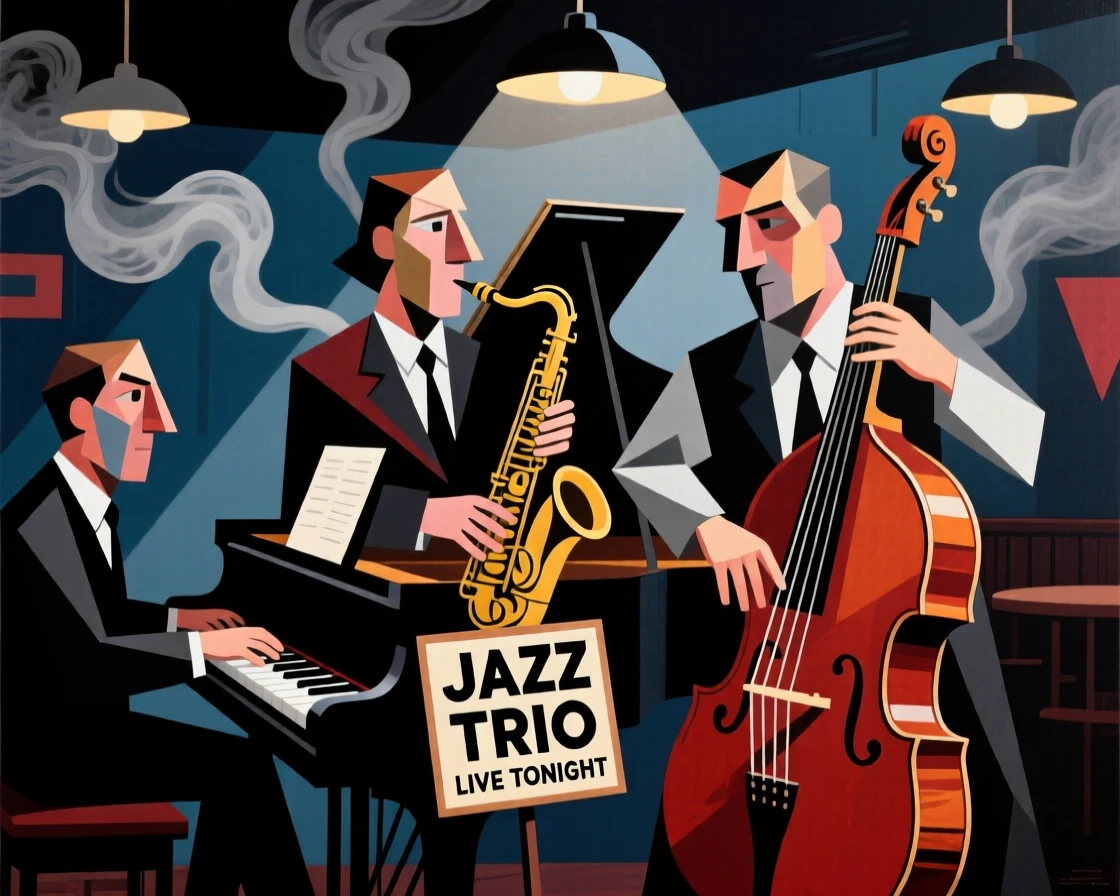 A jazz trio performing beneath dim lights in a smoky underground club.