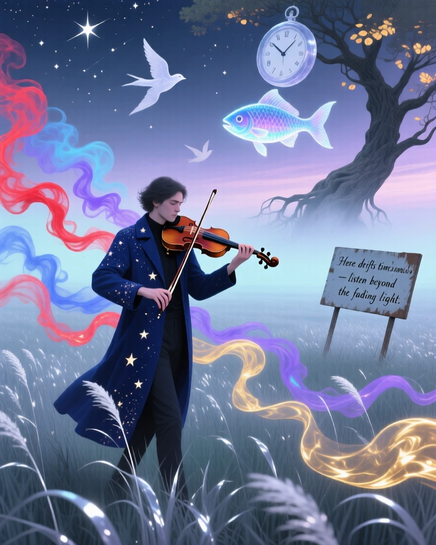 A violinist whose bow trails ribbons of colored smoke walks slowly through a field of tall silver grass, while the world around them fades into soft watercolor mist.
