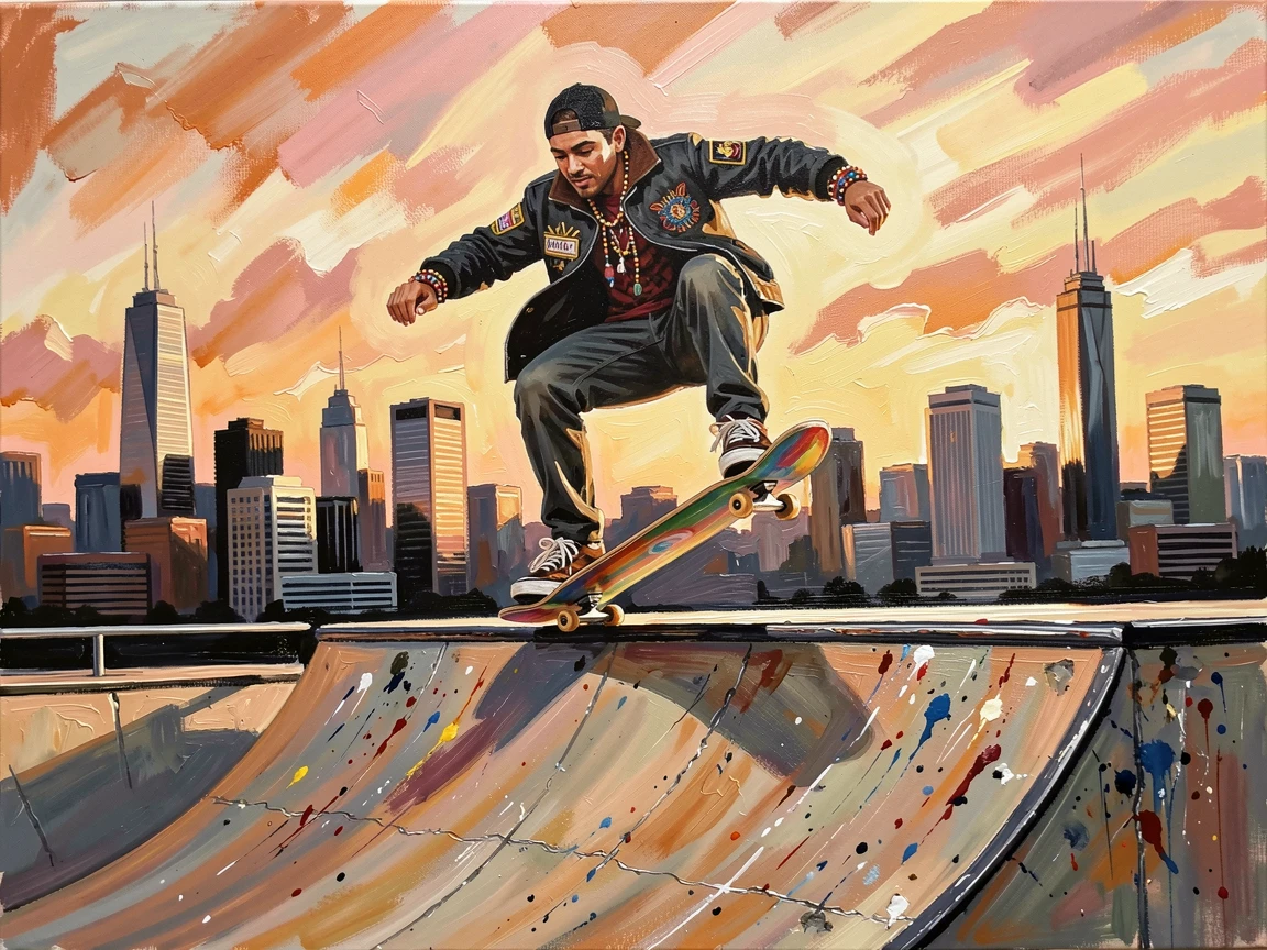 A skateboarder launches off a concrete ramp at golden hour, city skyline silhouetted behind as the board spins beneath their feet, small traditional details in costume and decoration rewarding a closer look.