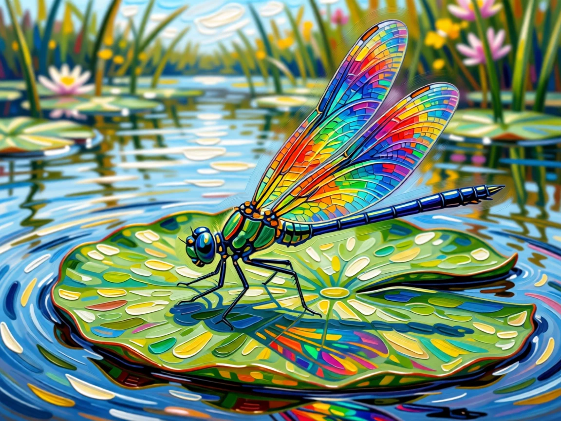 A dragonfly resting on a lily pad, wings catching iridescent rainbow light
