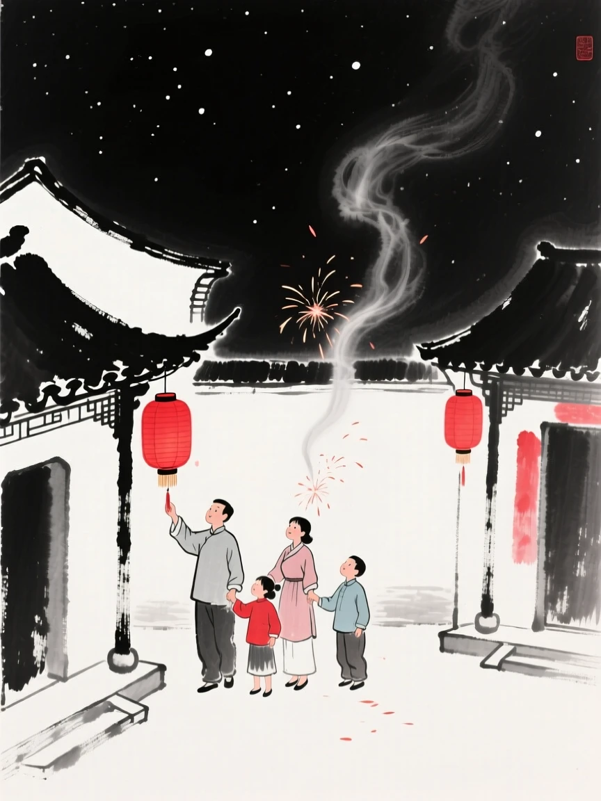 A family hangs red lanterns along the eaves of their courtyard home, with smoke and sparks rising into the night air.
