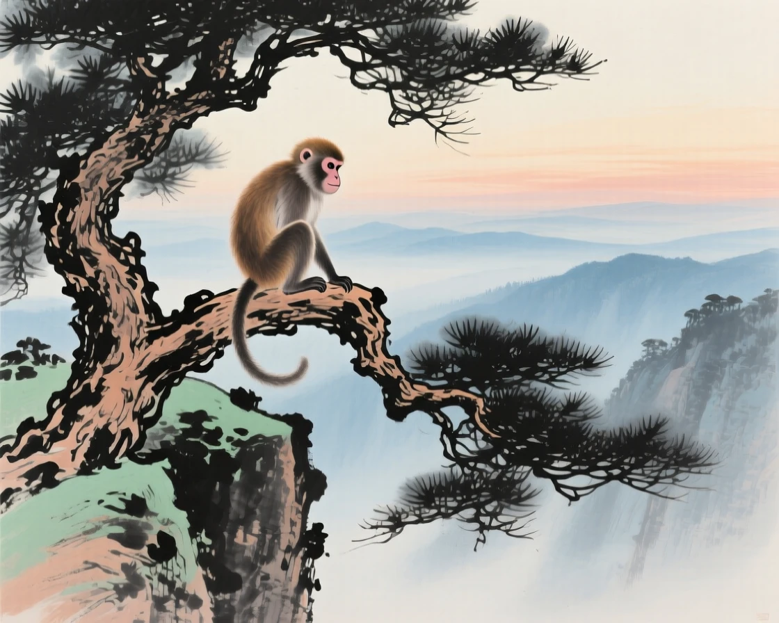 A monkey perched on a cliffside pine watching the valley below, at dusk, imbued with timeless calm.