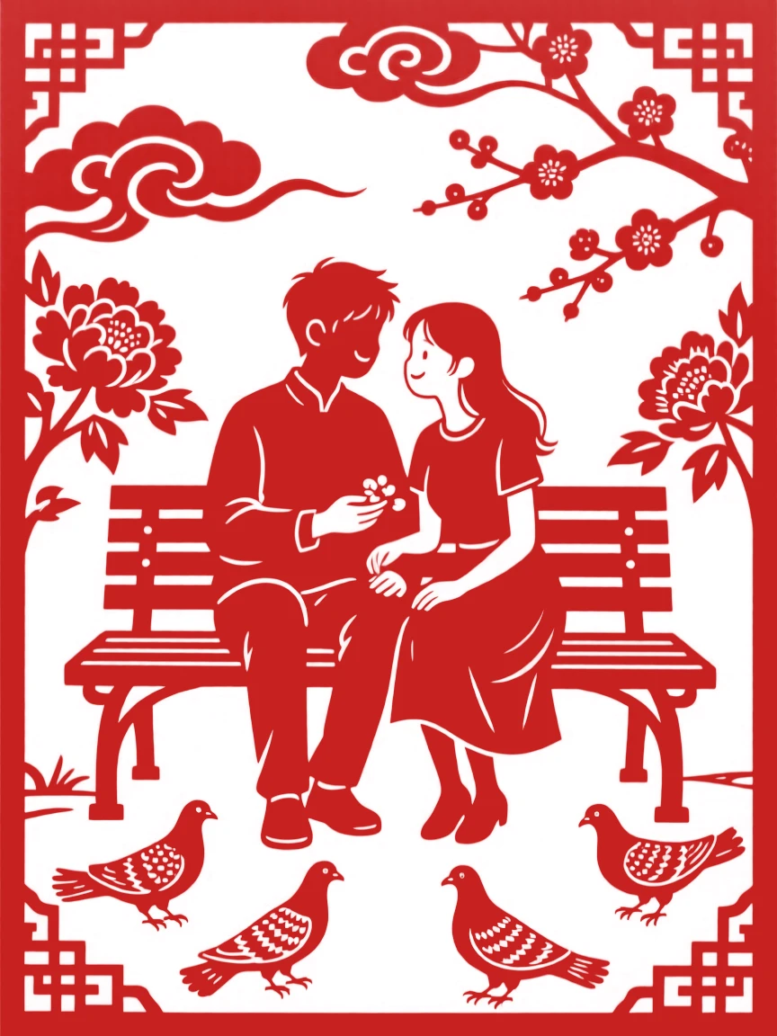 A young couple sitting side by side on a park bench feeding pigeons, shoulders touching, smiling quietly