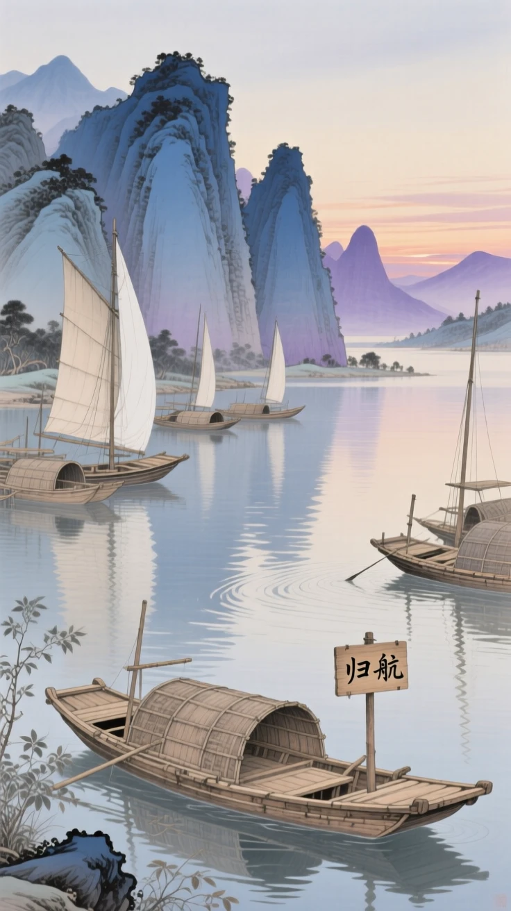 A quiet harbor at dusk with fishing boats returning home, reflections of the mountains rippling in still water