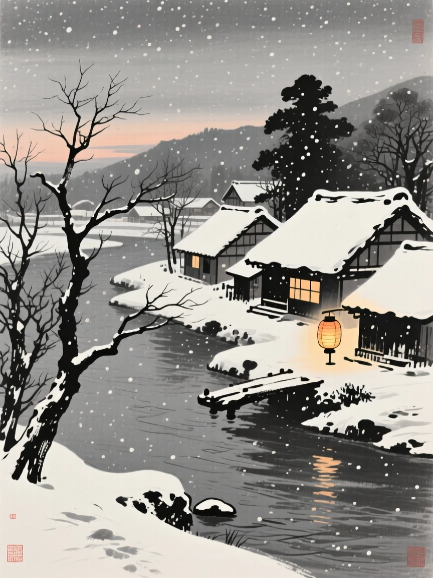 A winter snowfall blanketing a sleeping village beside a slow-moving river at dusk, composed with warm lantern light glowing against a cool evening, conveying cozy stillness and seasonal wonder.