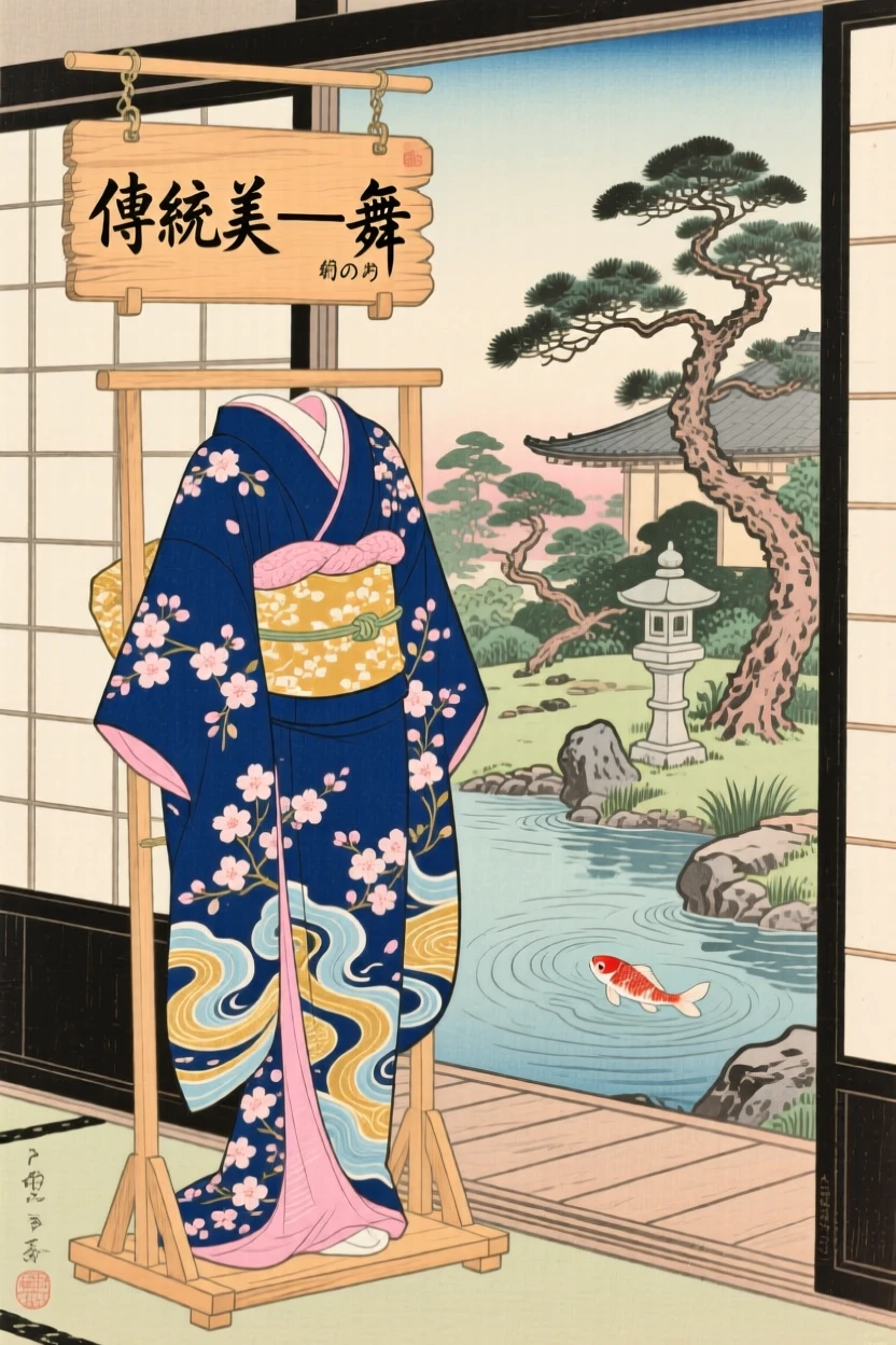 A silk kimono on a display stand set beside a quiet garden window.
