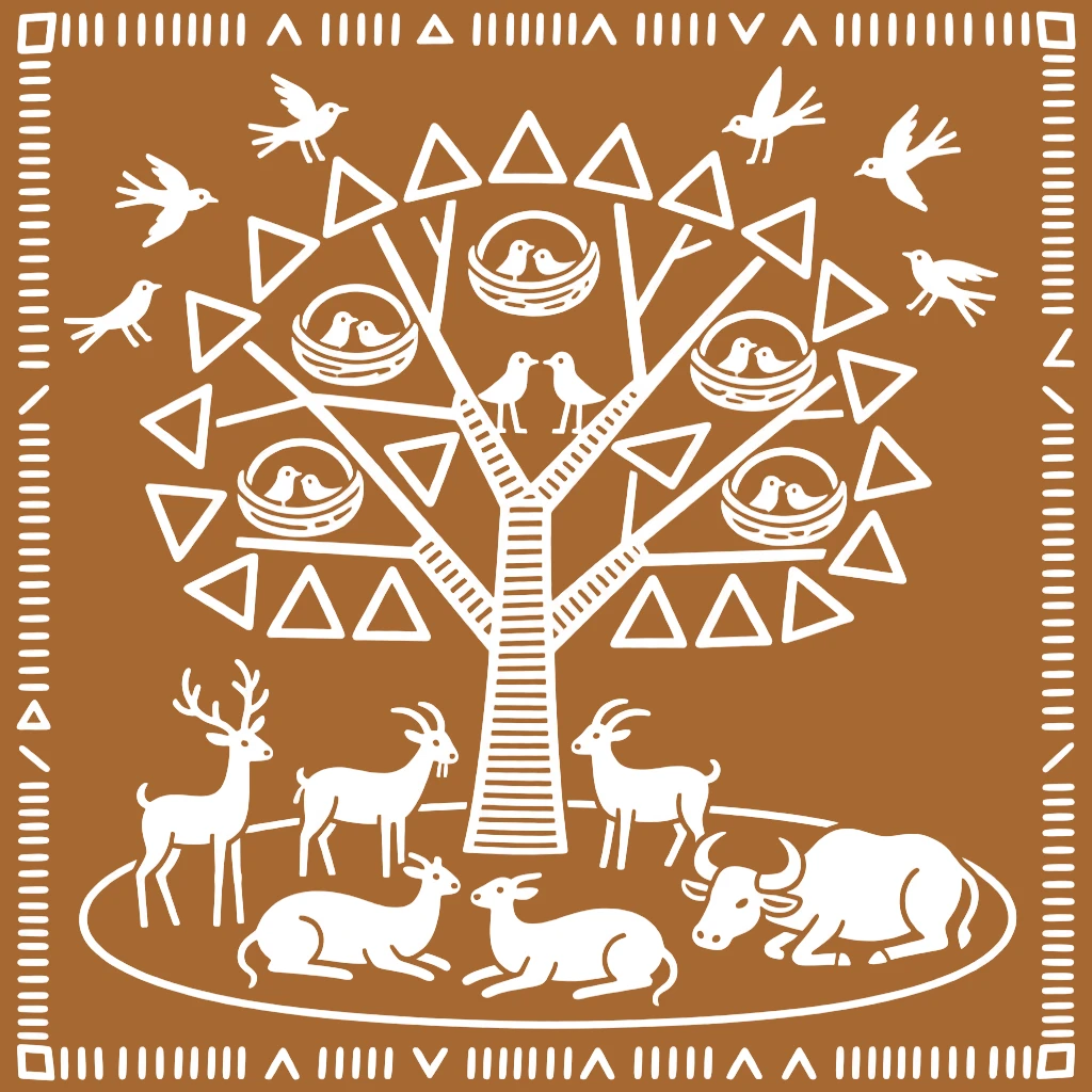 A tree filled with birds nesting above a group of resting animals.