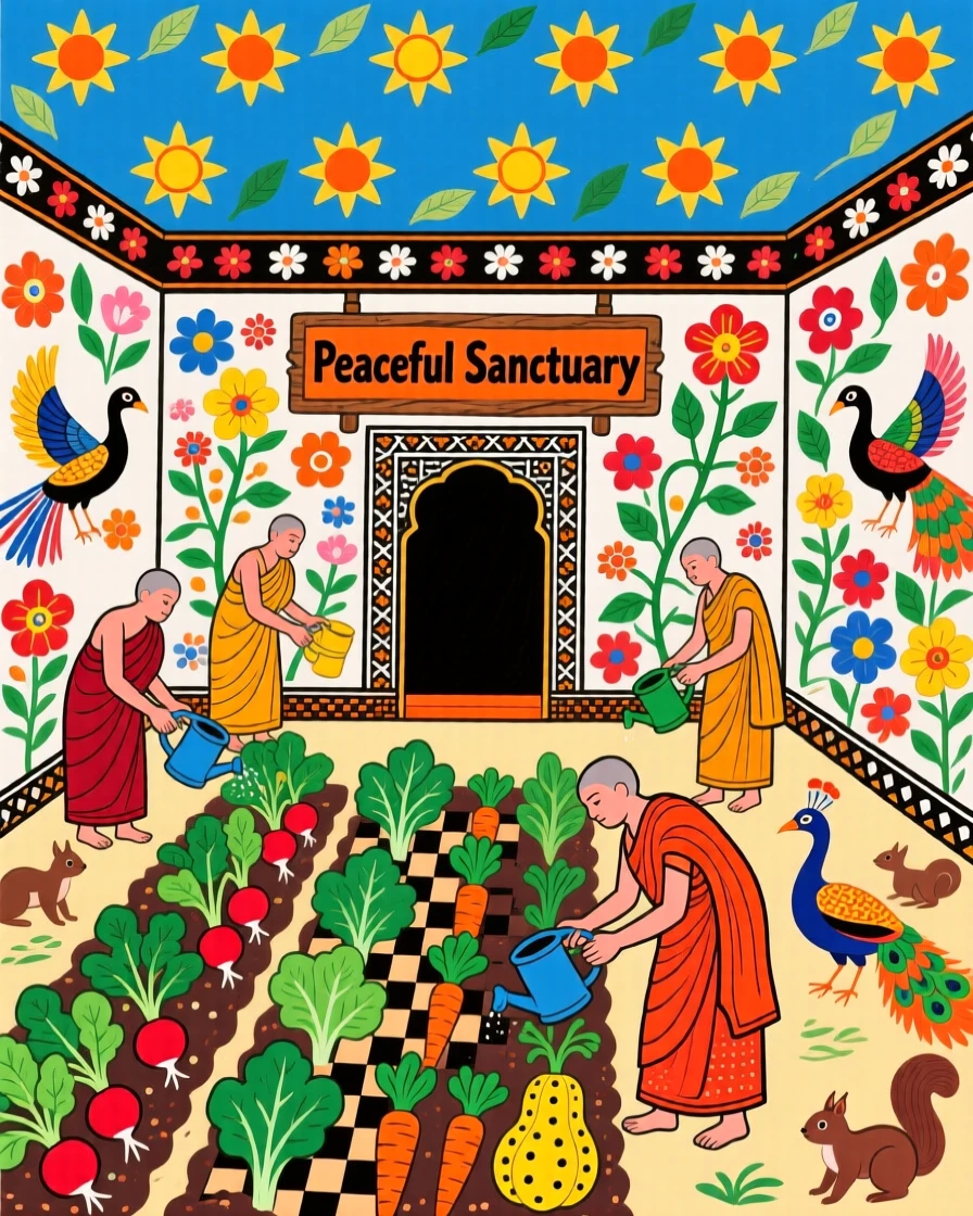 A monastery courtyard where monks tend rows of blooming vegetables.