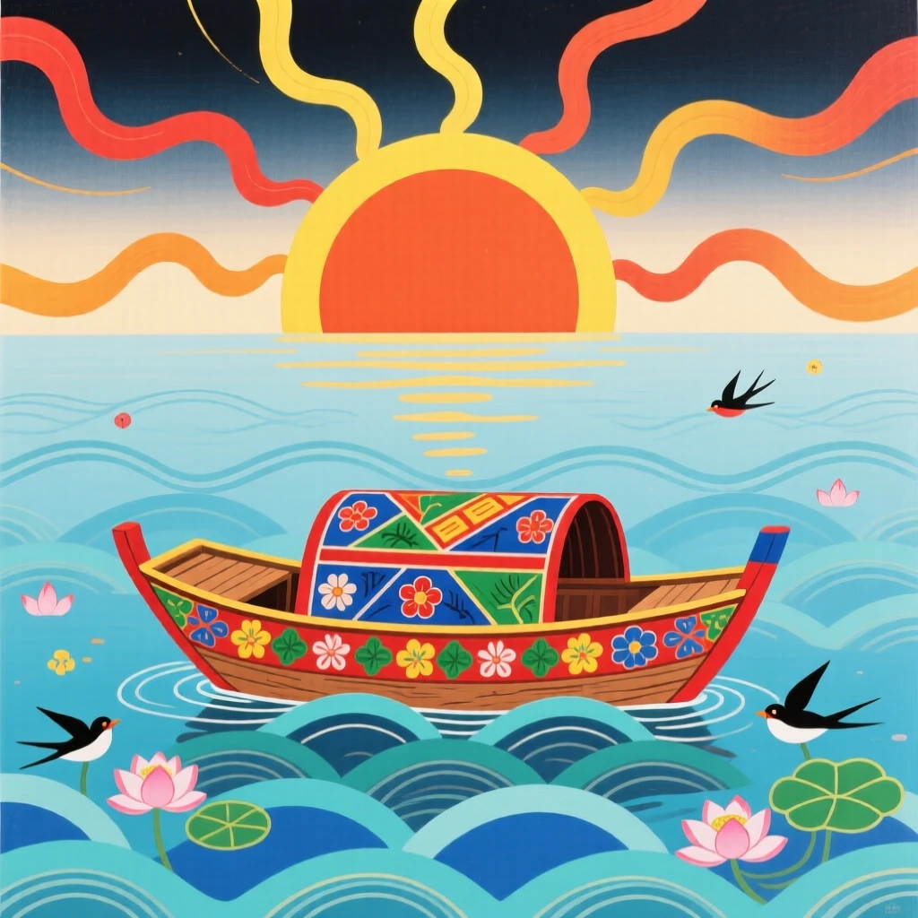 A small wooden boat adrift on calm water, as the first light of sunrise breaks over the horizon.