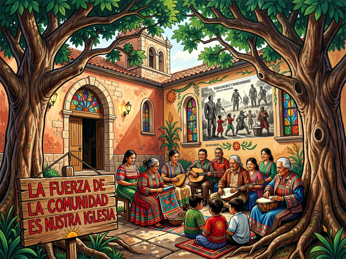 A quiet cathedral courtyard shaded by ancient trees