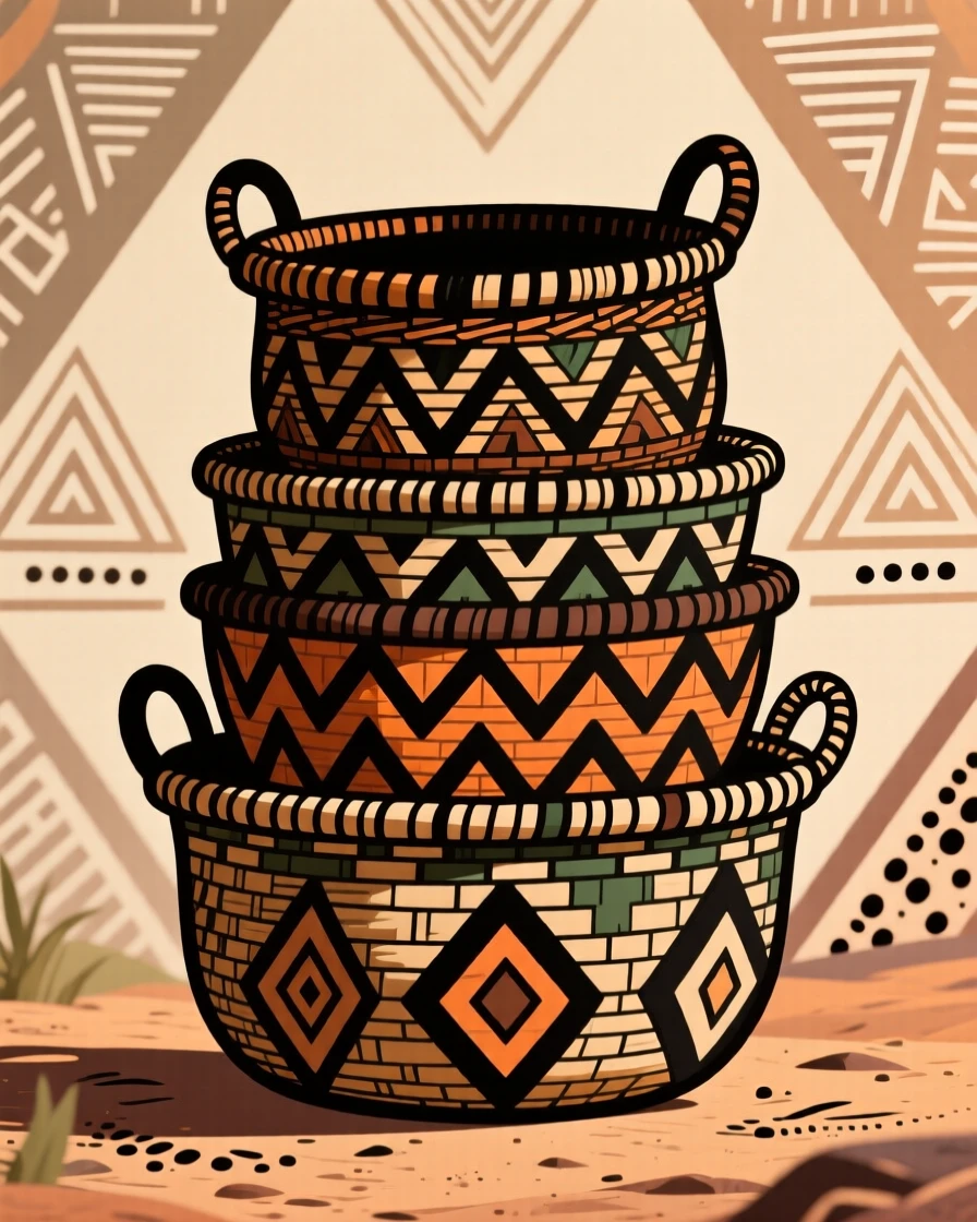 A stack of hand-woven baskets laid out for an upcoming festival.