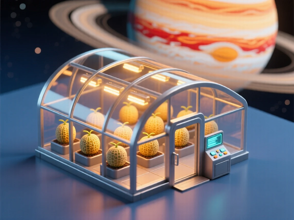 A space greenhouse orbiting a gas giant, tending rows of glowing melons beneath artificial golden light.