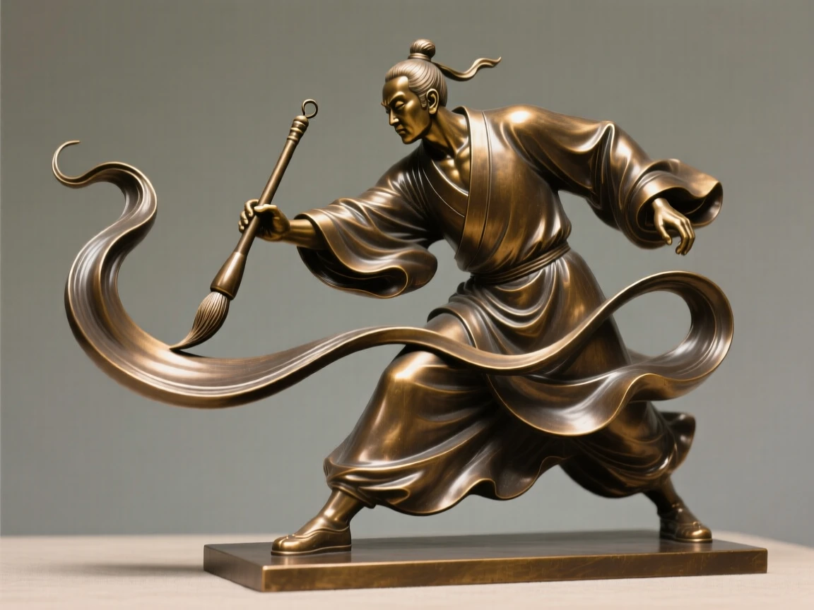 A chinese calligrapher completing a graceful brushstroke, captured at the peak of a powerful movement, forming a strong central focal point