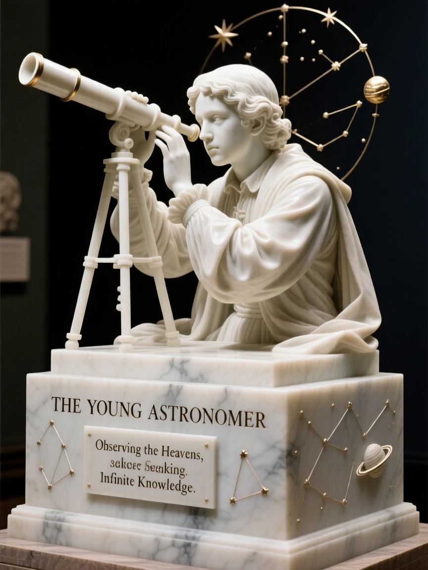 A beautifully composed image of a young astronomer gazing through a telescope, surrounded by soft, glowing light, full of atmosphere and visual storytelling