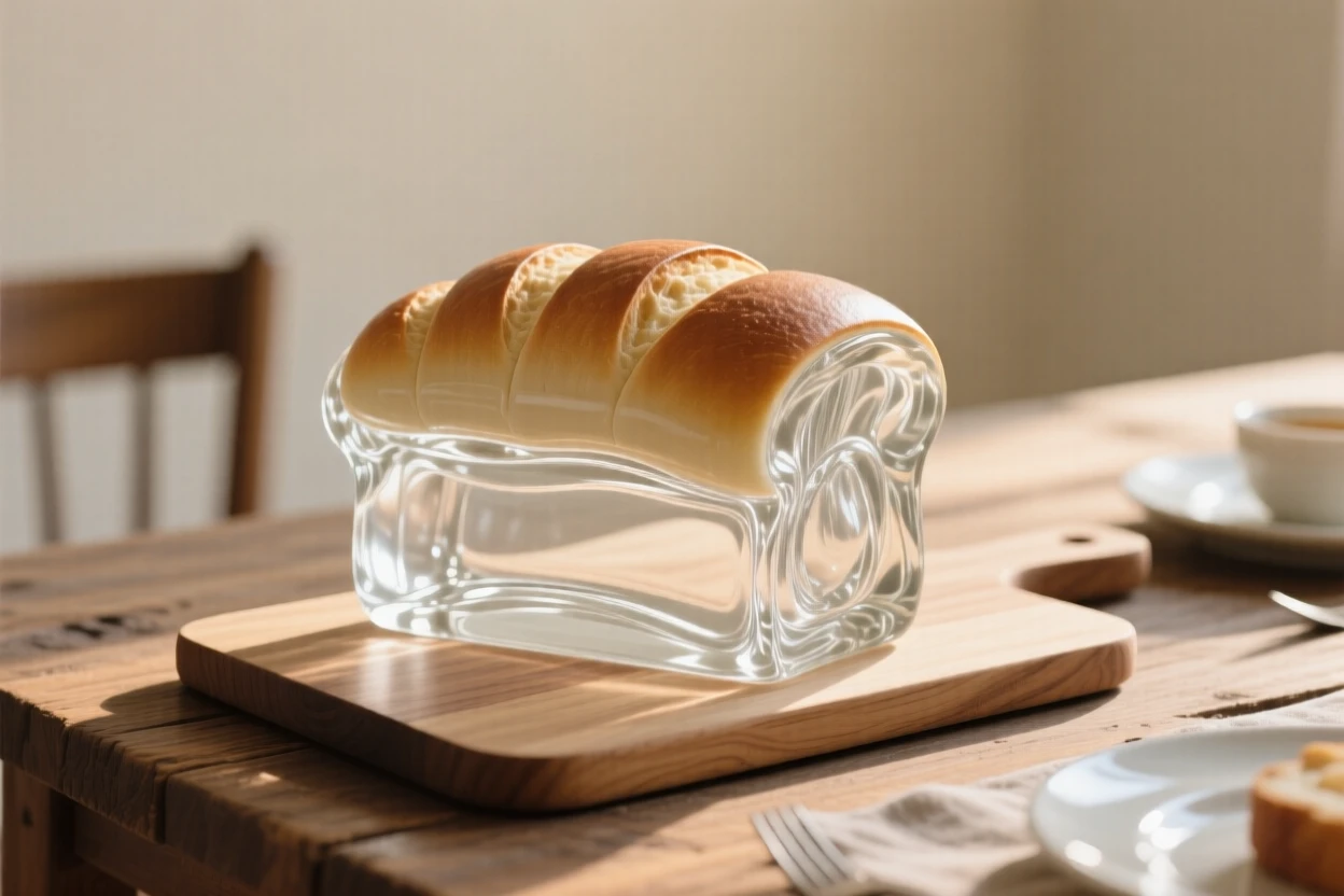 On a rustic wooden table set for breakfast, a loaf of freshly baked bread cooling on a wooden board