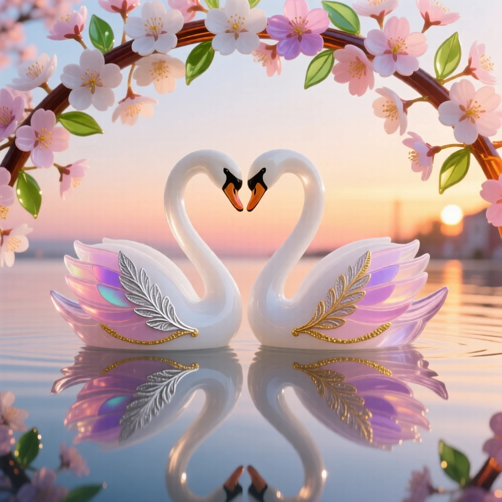 A pair of swans forming a perfect reflection beneath a blossoming cherry canopy at sunrise, elegant and serene.