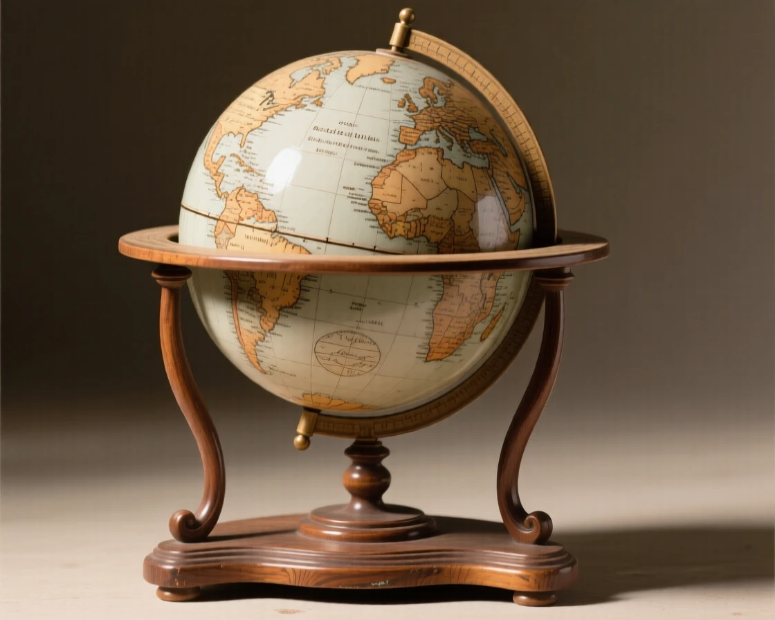 An antique globe spinning slowly on its stand illuminated by a single warm light source, with fine details catching every glimmer of light, stirring fond memories of simpler times.