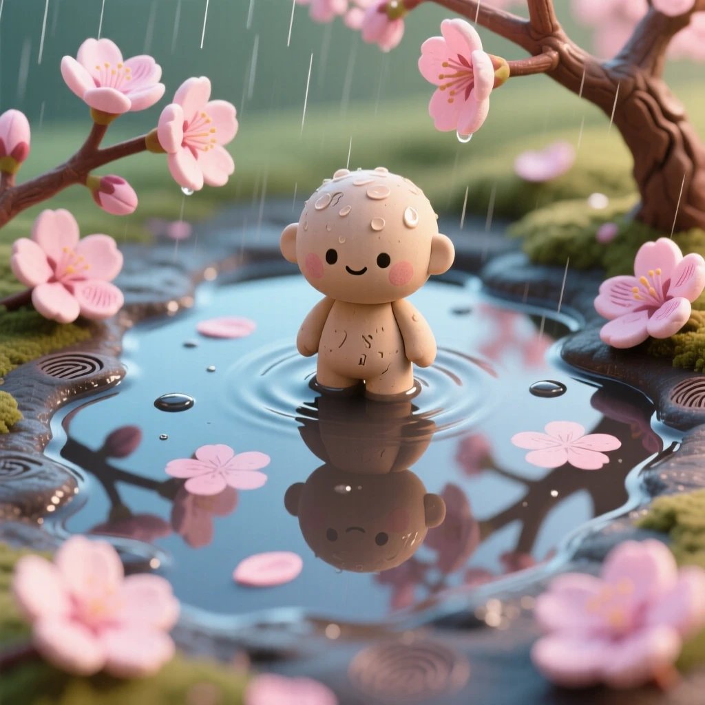 A springtime rain puddle reflecting blooming cherry blossoms