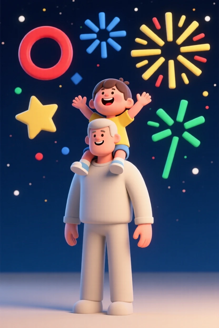 A joyful child rides on a parent's shoulders to see fireworks bursting in brilliant colors overhead.