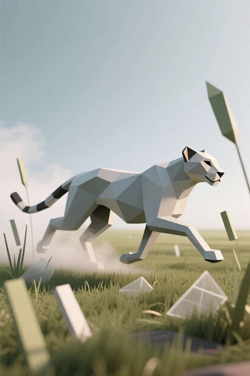 A cheetah sprinting across open grassland, surrounded by drifting mist. the background gently blurs to keep focus on the subject. It captures a fleeting moment of freedom.