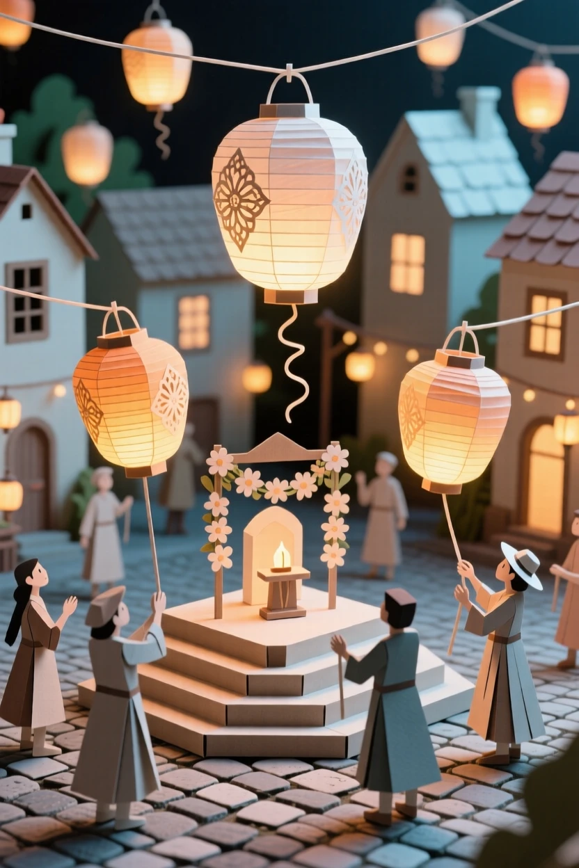 A glowing lantern release festival celebrated in a lively village square, with intricate patterns catching the eye, evoking timeless artistry and devotion.
