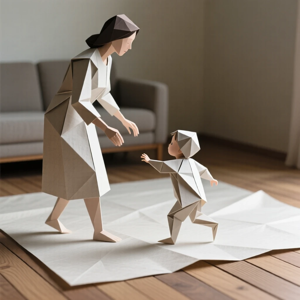 A mother watching her child take their very first steps across the living room floor.