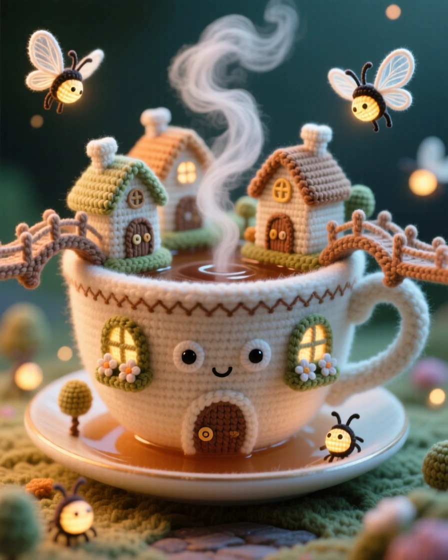 a miniature village built along the rim of a giant teacup, with tiny bridges connecting rooftops, steaming gently with warm tea below, surrounded by softly glowing fireflies, with a small ribbon of drifting mist, evoking quiet delight in an impossible little world.