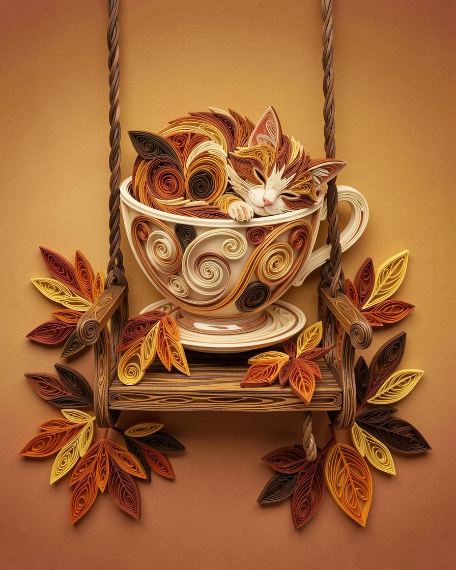 a kitten curled asleep inside a teacup on a porch swing surrounded by autumn leaves, in cozy autumn tones of amber and rust, set against a warm gradient background.