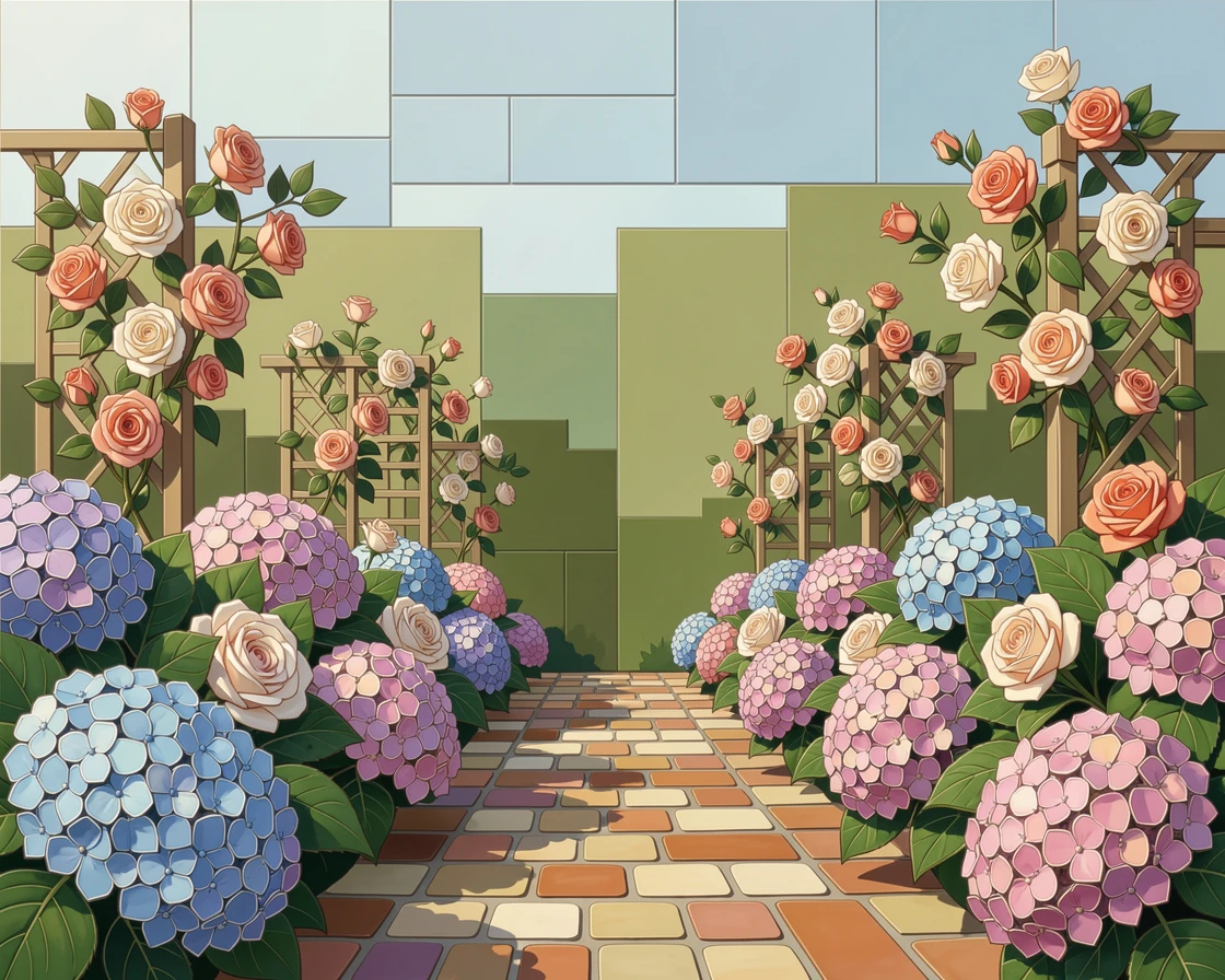 A garden path lined with blooming hydrangeas and climbing roses, with soft morning light and a gentle blur of background greenery.