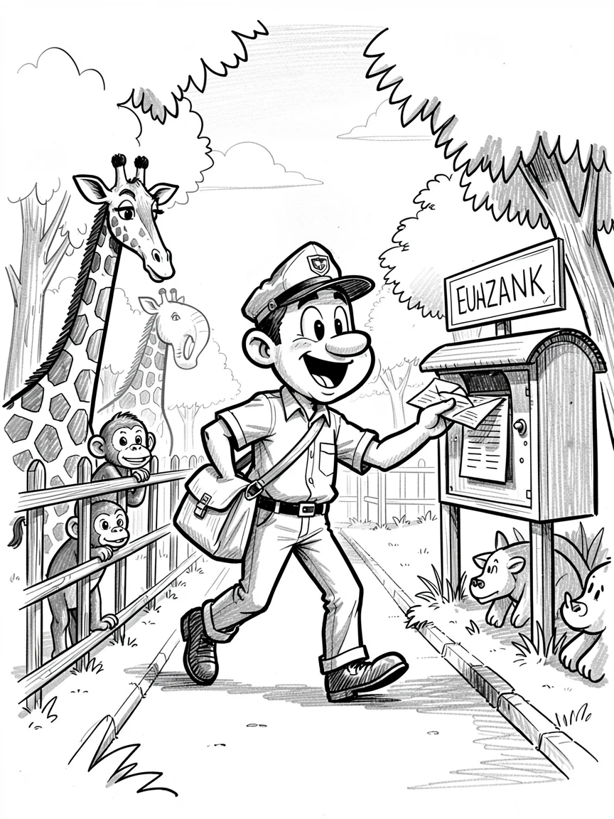 A postal carrier delivering letters on a sunny street at a zoo on a sunny afternoon.