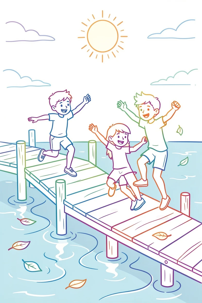 A summer lakeside dock with kids jumping into cool blue water.
