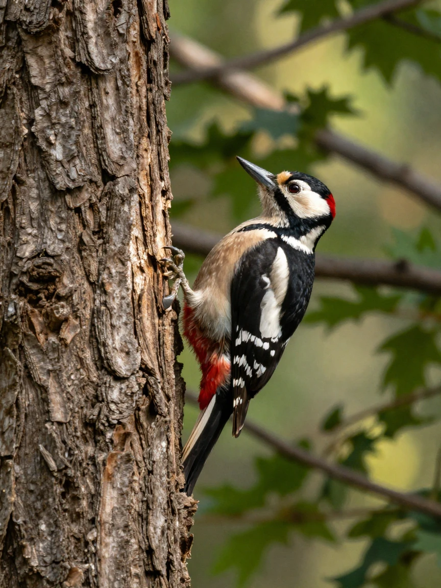 A woodpecker clinging to the bark of an old oak tree
