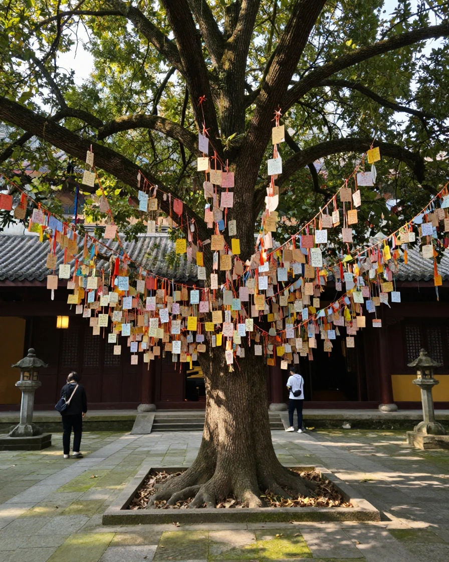 A tree with countless paper wishes tied to its branches stands in a temple courtyard.
