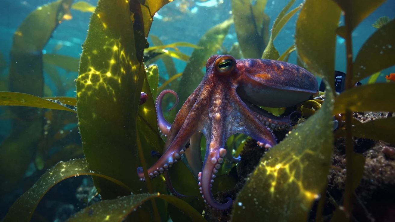 A curious octopus exploring in the dappled light of a kelp forest