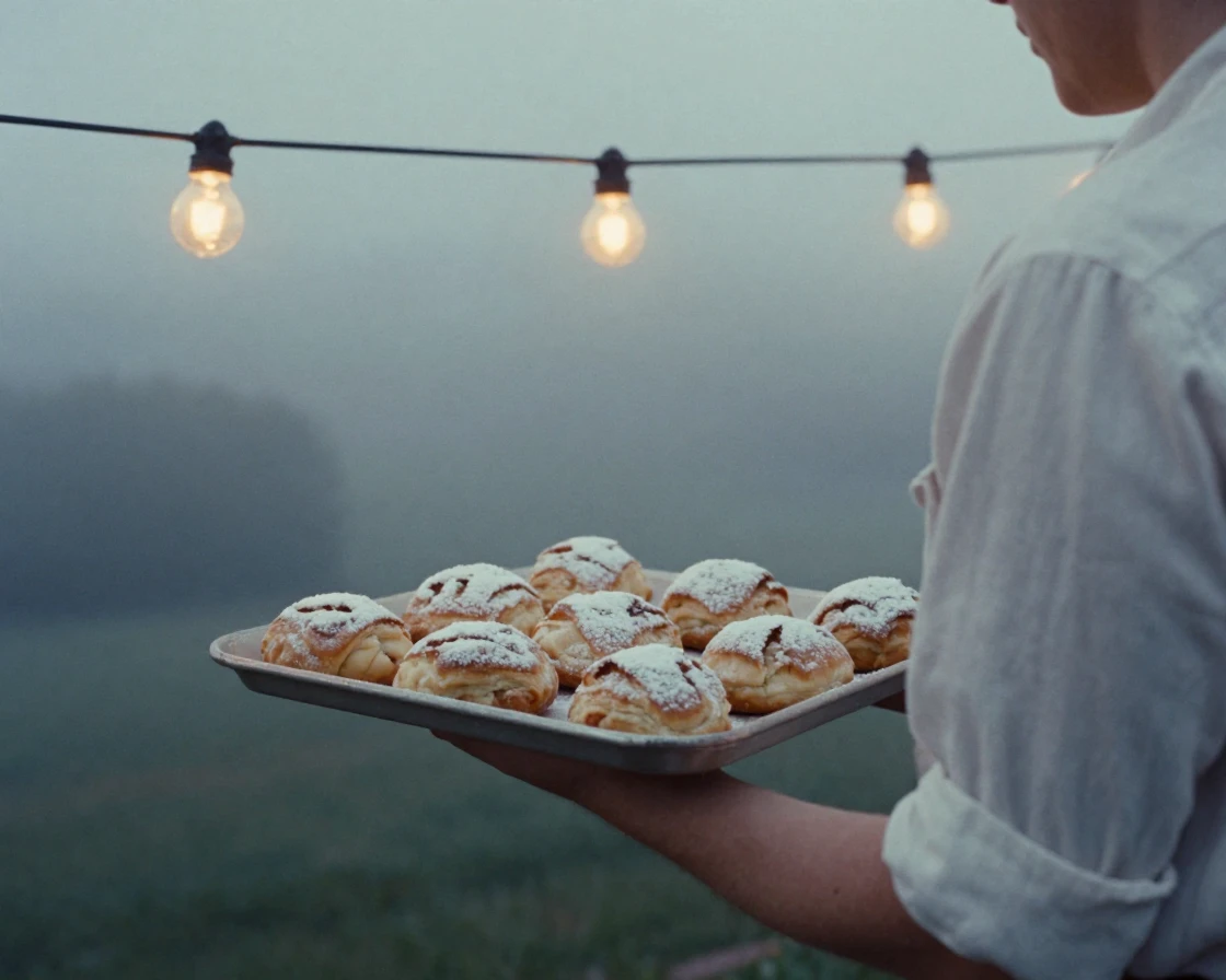 A tray of freshly baked pastries dusted with powdered sugar, under strings of warm string lights, in thick rolling fog, during the long days of summer, in cool blues and silvery greys, over the shoulder of the main subject.