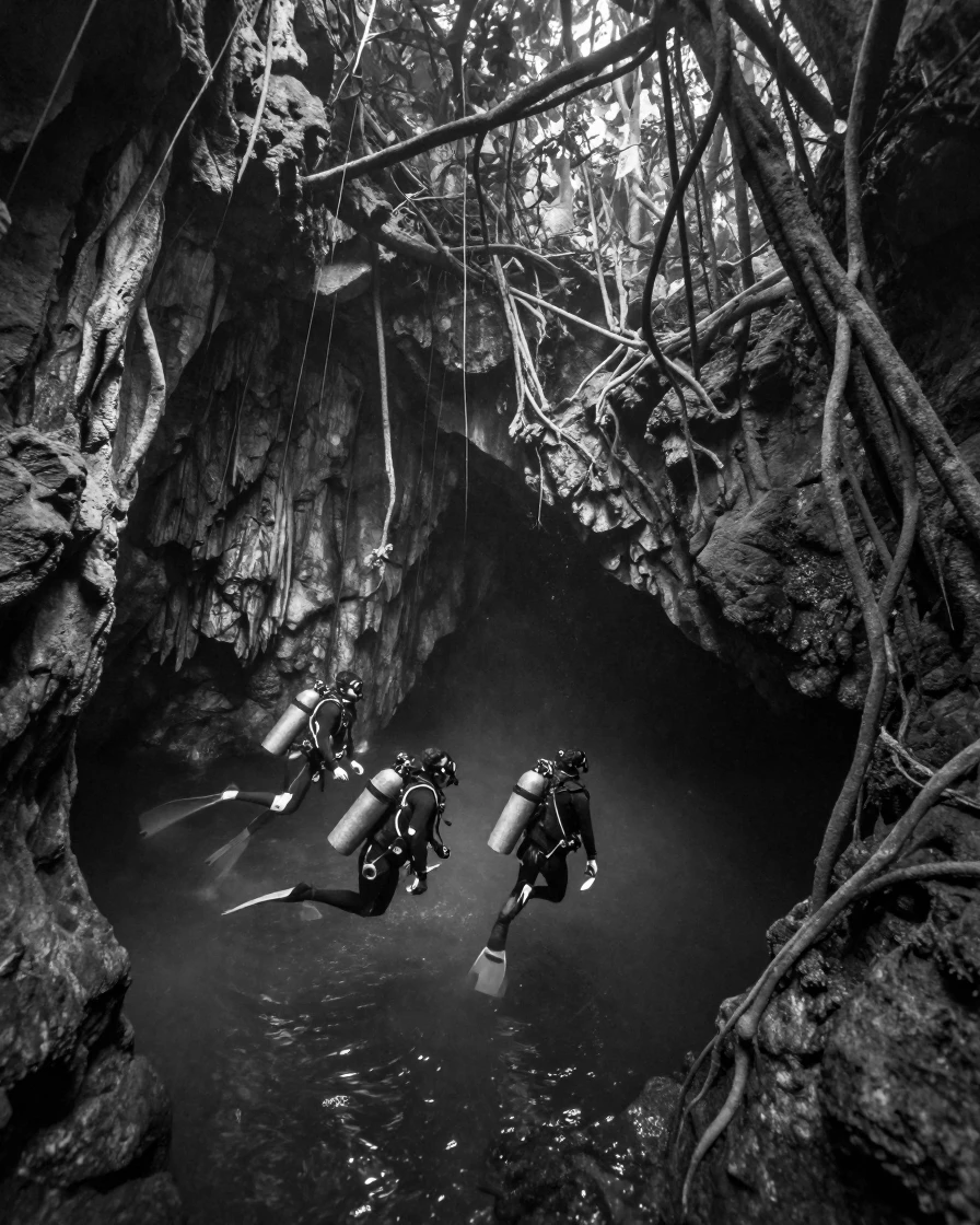 A team of divers explores a flooded limestone sinkhole beneath a canopy of jungle roots.