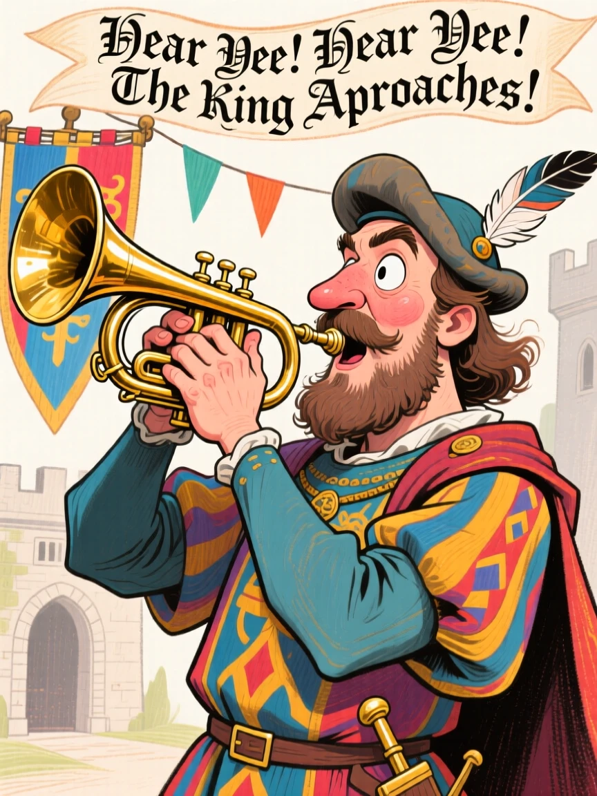 A medieval herald blowing a long trumpet to announce the king's arrival.