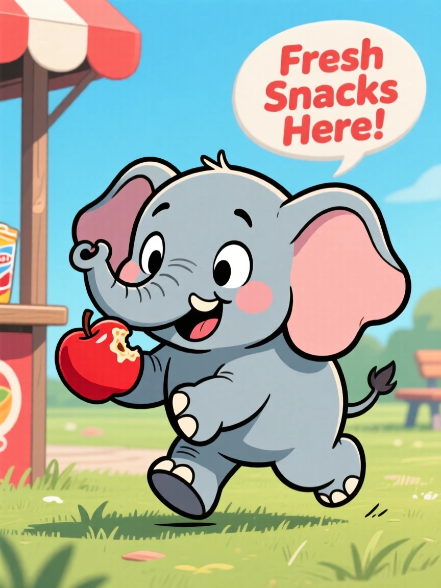 A charming animal moment featuring a clumsy baby elephant sneaking away with a stolen snack triumphantly, with an exaggerated, comically expressive face.