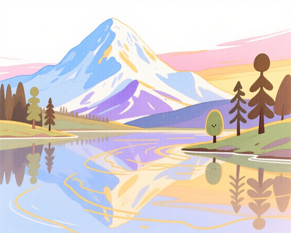 A serene landscape of a snow-capped mountain reflected in a still alpine lake at golden sunset