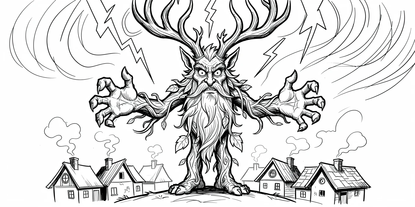 [Fantasy & Imaginative Scenarios] Imaginative fantasy scene of a legendary forest spirit protecting a village from an approaching storm, brimming with wonder